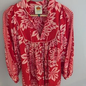 Farm Rio Flora Tapestry Red Pink Long Sleeve Mini Dress Size XXS.
